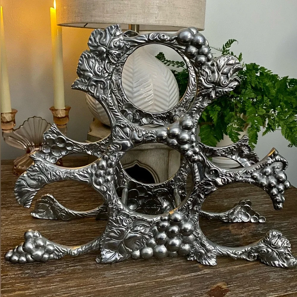 Vtg Arthur Court Wine Rack Grape Vine Cast Aluminum  Bottle Holder Silver